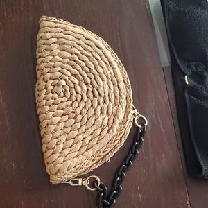 Tan and Black Spiral-Woven Clutch with Dark Accents